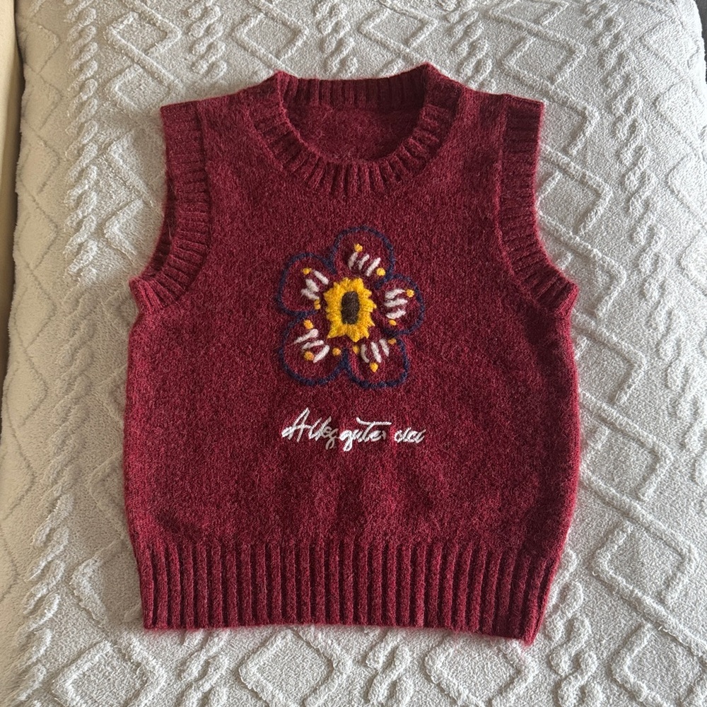 Red Sleeveless Sweater Vest with Floral Design